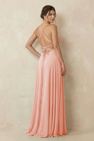 A - Line Chiffon Bridesmaid Dress With Slit in Rose Petal - SHE IS ME Bridesmaid Dresses