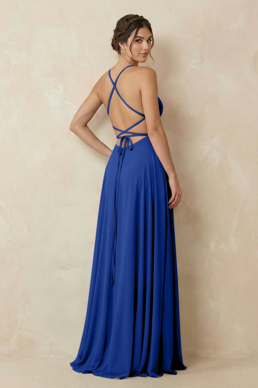 A - Line Chiffon Bridesmaid Dress With Slit in Royal Blue - KISS BRIDAL Bridesmaid Dresses