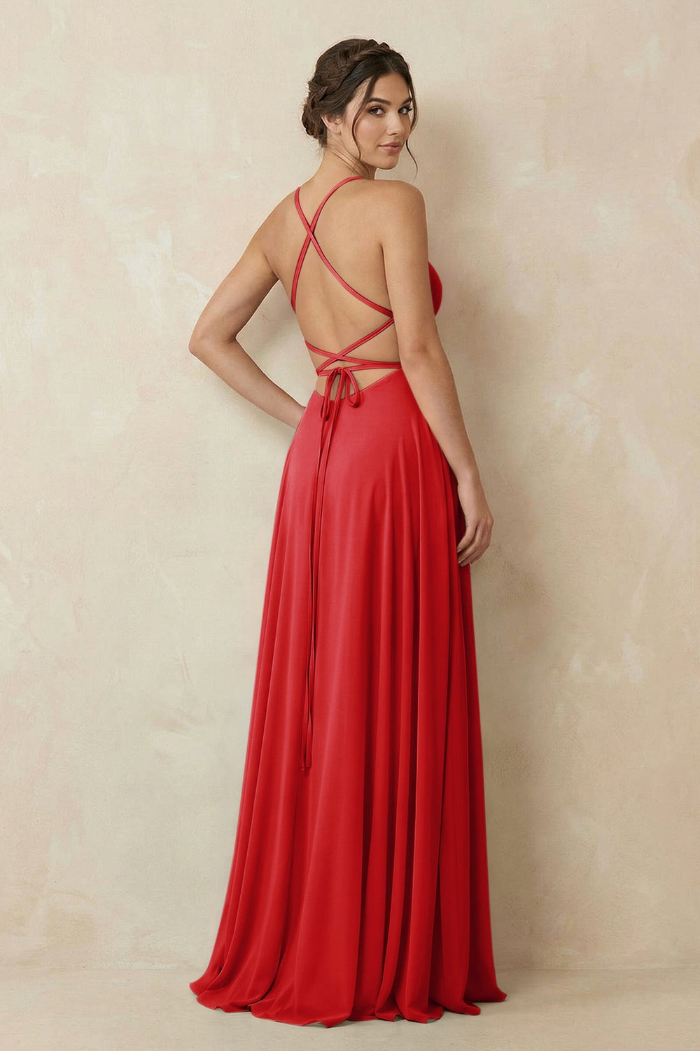 A - Line Chiffon Bridesmaid Dress With Slit in Ruby Red - KISS BRIDAL Bridesmaid Dresses
