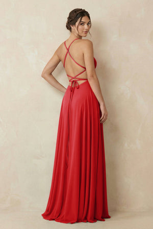 A - Line Chiffon Bridesmaid Dress With Slit in Ruby Red - SHE IS ME Bridesmaid Dresses