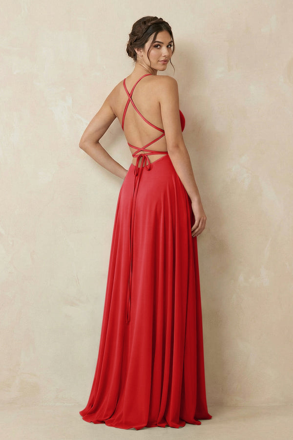 A - Line Chiffon Bridesmaid Dress With Slit in Ruby Red - SHE IS ME Bridesmaid Dresses