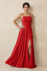 A - Line Chiffon Bridesmaid Dress With Slit in Ruby Red - KISS BRIDAL Bridesmaid Dresses