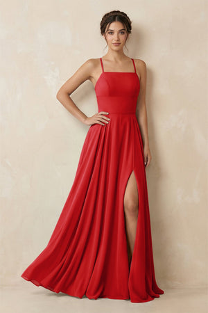 A - Line Chiffon Bridesmaid Dress With Slit in Ruby Red - SHE IS ME Bridesmaid Dresses