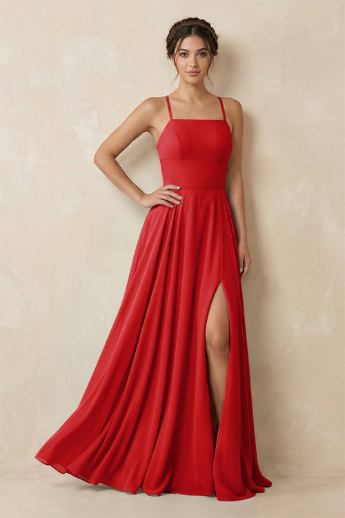 A - Line Chiffon Bridesmaid Dress With Slit in Ruby Red - SHE IS ME Bridesmaid Dresses