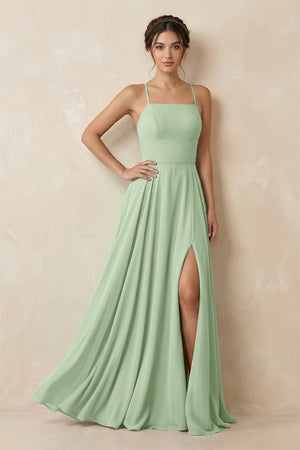 A - Line Chiffon Bridesmaid Dress With Slit in Sage - SHE IS ME Bridesmaid Dresses