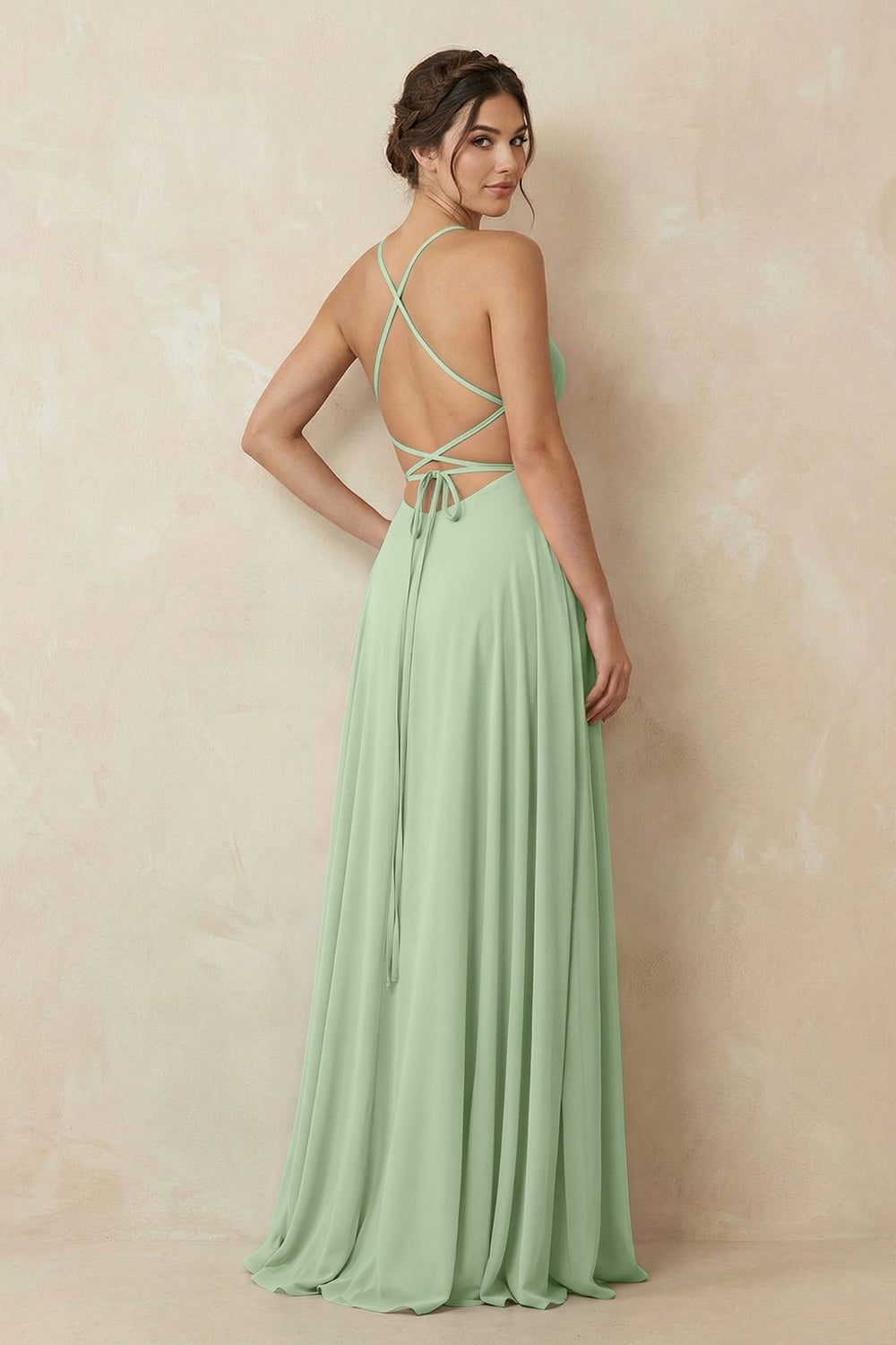 A - Line Chiffon Bridesmaid Dress With Slit in Sage - KISS BRIDAL Bridesmaid Dresses