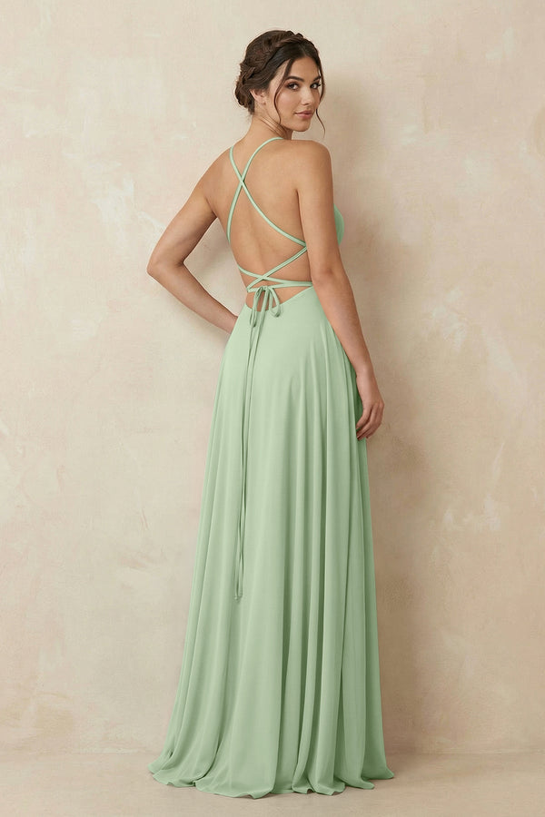 A - Line Chiffon Bridesmaid Dress With Slit in Sage - SHE IS ME Bridesmaid Dresses