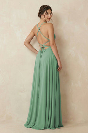 A - Line Chiffon Bridesmaid Dress With Slit in Sea Glass - SHE IS ME Bridesmaid Dresses