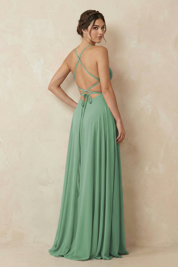 A - Line Chiffon Bridesmaid Dress With Slit in Sea Glass - SHE IS ME Bridesmaid Dresses