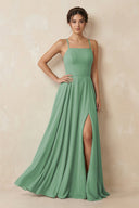 A - Line Chiffon Bridesmaid Dress With Slit in Sea Glass - SHE IS ME Bridesmaid Dresses