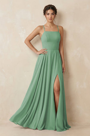 A - Line Chiffon Bridesmaid Dress With Slit in Sea Glass - SHE IS ME Bridesmaid Dresses