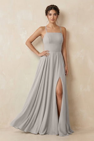 A - Line Chiffon Bridesmaid Dress With Slit in Silver - SHE IS ME Bridesmaid Dresses