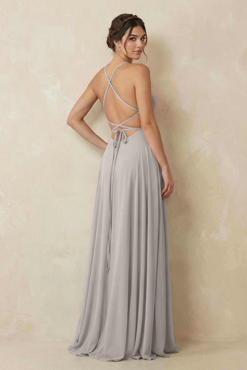 A - Line Chiffon Bridesmaid Dress With Slit in Silver - KISS BRIDAL Bridesmaid Dresses