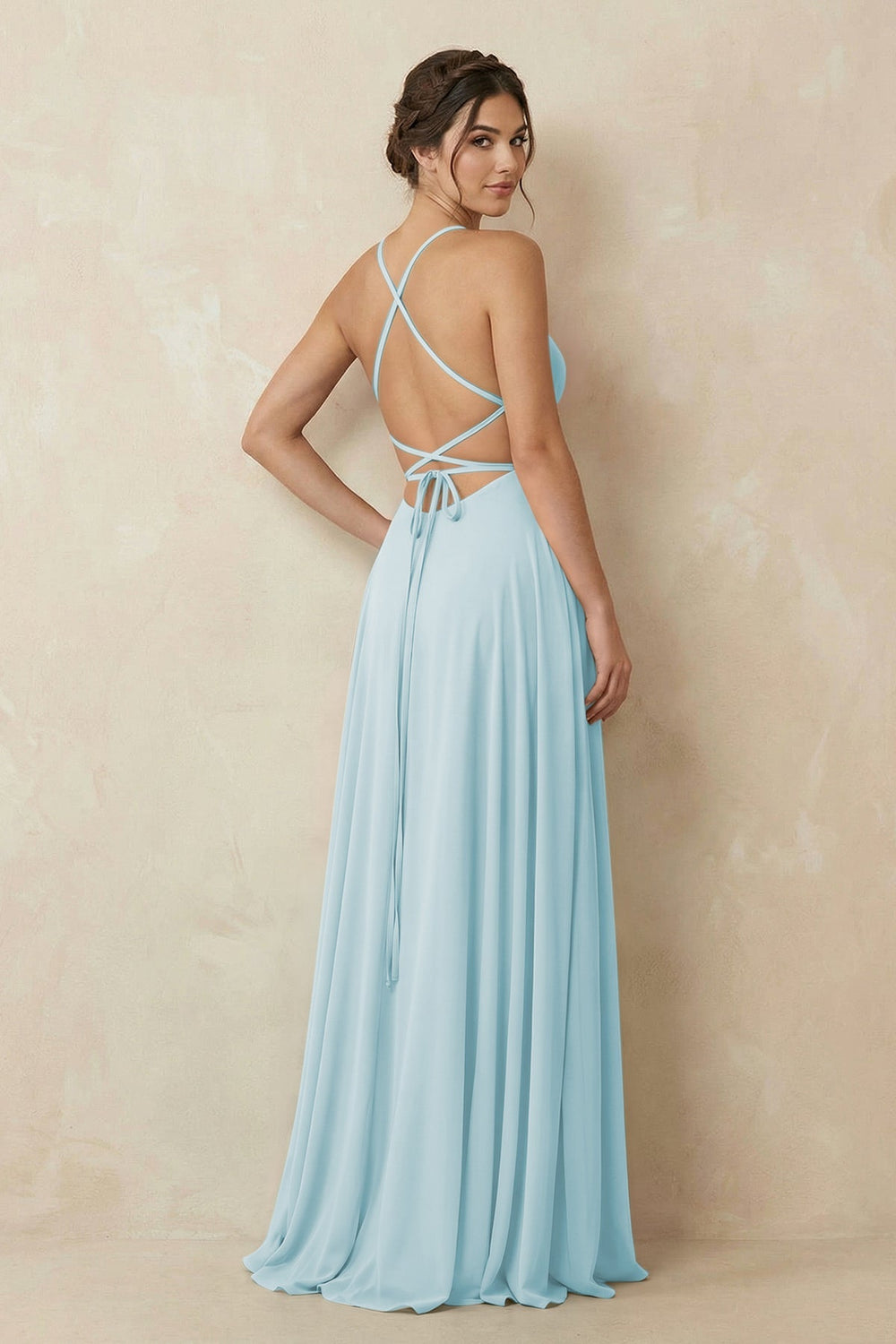 A - Line Chiffon Bridesmaid Dress With Slit in Sky Blue - KISS BRIDAL Bridesmaid Dresses