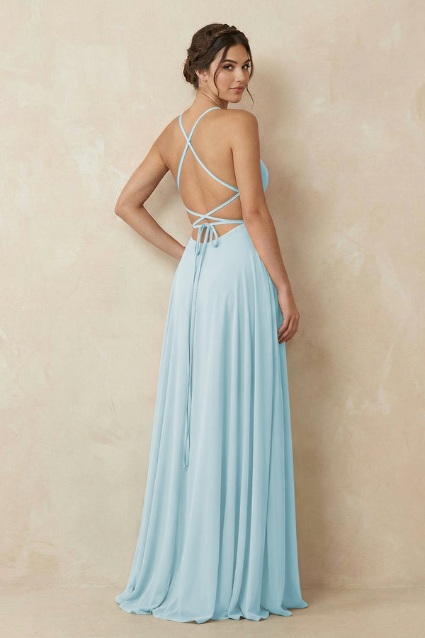 A - Line Chiffon Bridesmaid Dress With Slit in Sky Blue - SHE IS ME Bridesmaid Dresses