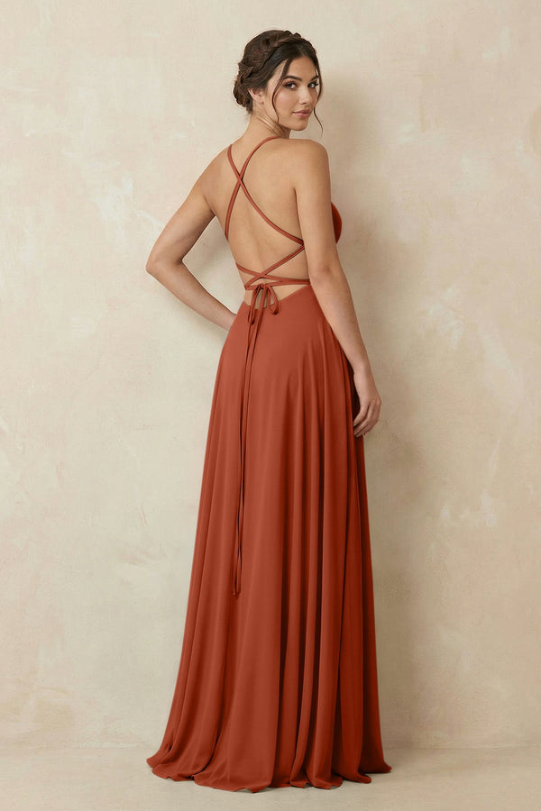 A - Line Chiffon Bridesmaid Dress With Slit in Spice - SHE IS ME Bridesmaid Dresses