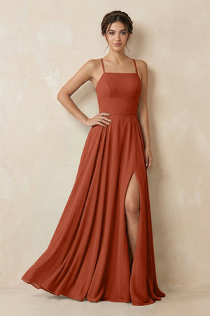 A - Line Chiffon Bridesmaid Dress With Slit in Spice - SHE IS ME Bridesmaid Dresses