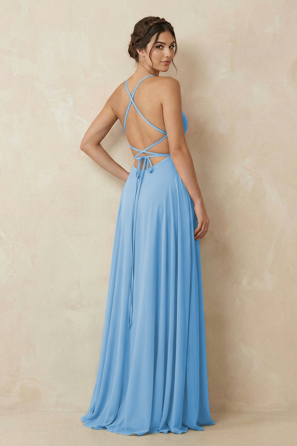 A - Line Chiffon Bridesmaid Dress With Slit in Steel Blue - KISS BRIDAL Bridesmaid Dresses