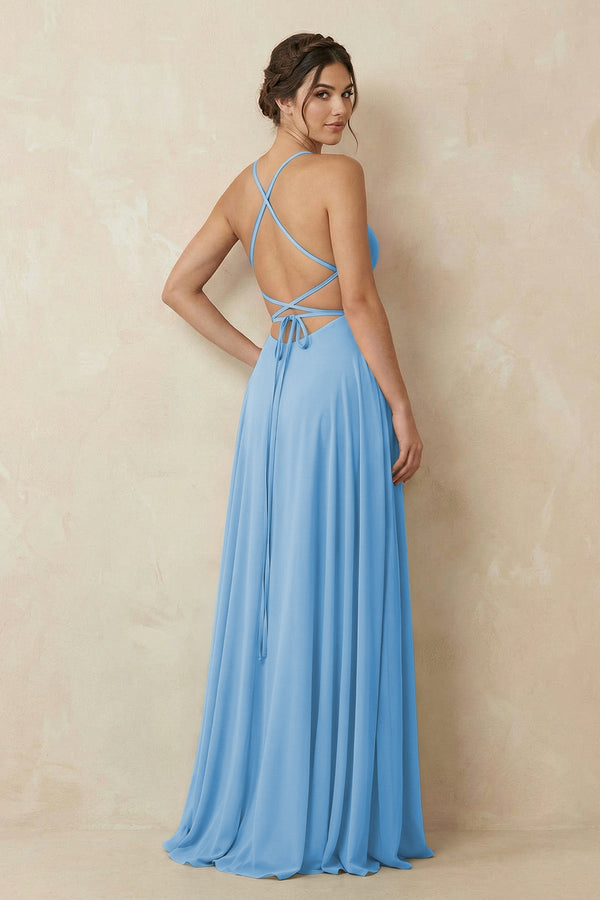 A - Line Chiffon Bridesmaid Dress With Slit in Steel Blue - SHE IS ME Bridesmaid Dresses