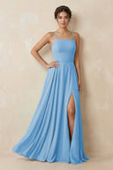 A - Line Chiffon Bridesmaid Dress With Slit in Steel Blue - SHE IS ME Bridesmaid Dresses
