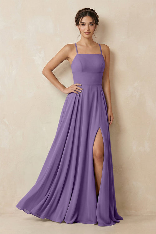 A - Line Chiffon Bridesmaid Dress With Slit in Tahiti - SHE IS ME Bridesmaid Dresses