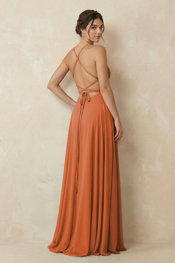 A - Line Chiffon Bridesmaid Dress With Slit in Terracotta - SHE IS ME Bridesmaid Dresses