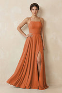A - Line Chiffon Bridesmaid Dress With Slit in Terracotta - SHE IS ME Bridesmaid Dresses