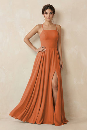 A - Line Chiffon Bridesmaid Dress With Slit in Terracotta - SHE IS ME Bridesmaid Dresses