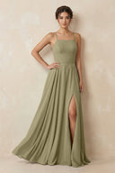 A - Line Chiffon Bridesmaid Dress With Slit in Thyme - SHE IS ME Bridesmaid Dresses