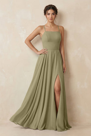 A - Line Chiffon Bridesmaid Dress With Slit in Thyme - SHE IS ME Bridesmaid Dresses