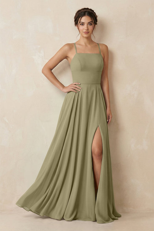 A - Line Chiffon Bridesmaid Dress With Slit in Thyme - SHE IS ME Bridesmaid Dresses