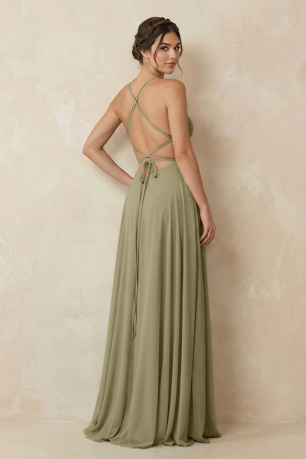 A - Line Chiffon Bridesmaid Dress With Slit in Thyme - KISS BRIDAL Bridesmaid Dresses