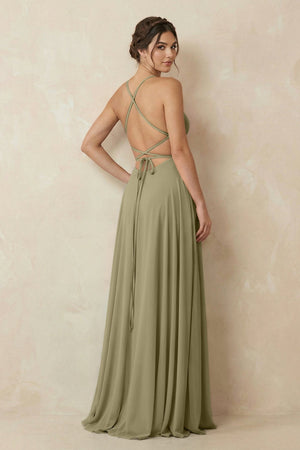 A - Line Chiffon Bridesmaid Dress With Slit in Thyme - SHE IS ME Bridesmaid Dresses