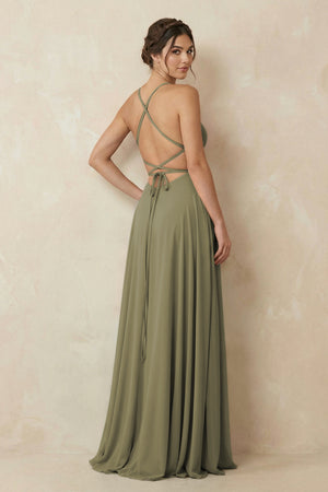A - Line Chiffon Bridesmaid Dress With Slit in Thyme - KISS BRIDAL Bridesmaid Dresses