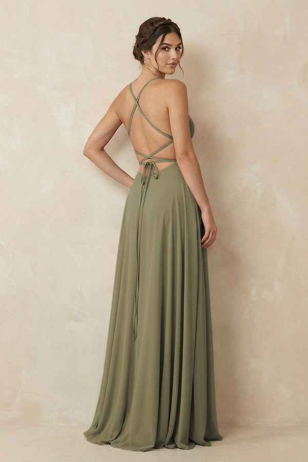 A - Line Chiffon Bridesmaid Dress With Slit in Thyme - KISS BRIDAL Bridesmaid Dresses