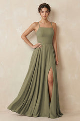 A - Line Chiffon Bridesmaid Dress With Slit in Thyme - KISS BRIDAL Bridesmaid Dresses