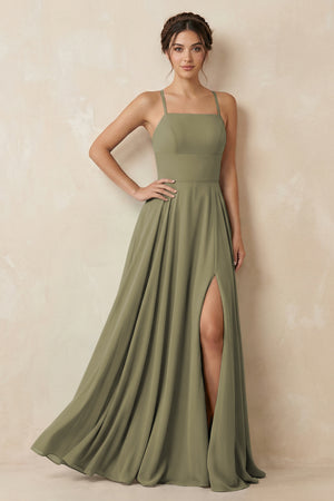 A - Line Chiffon Bridesmaid Dress With Slit in Thyme - KISS BRIDAL Bridesmaid Dresses