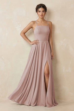 A - Line Chiffon Bridesmaid Dress With Slit in Toffee - SHE IS ME Bridesmaid Dresses
