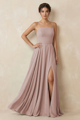 A-Line Chiffon Bridesmaid Dress With Slit in Toffee | KISSBRIDAL