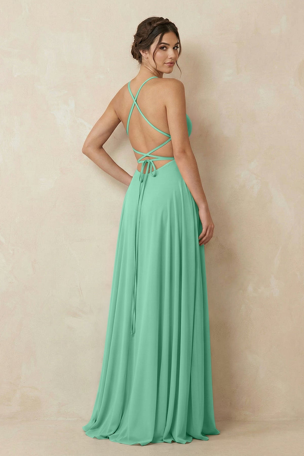 A - Line Chiffon Bridesmaid Dress With Slit in Turquoise - KISS BRIDAL Bridesmaid Dresses