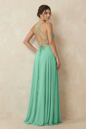 A - Line Chiffon Bridesmaid Dress With Slit in Turquoise - SHE IS ME Bridesmaid Dresses