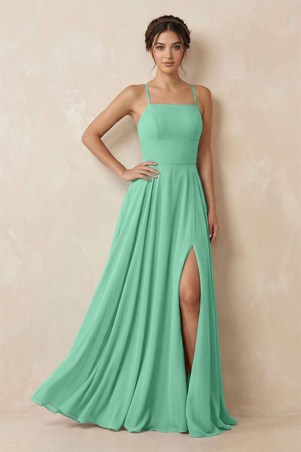 A - Line Chiffon Bridesmaid Dress With Slit in Turquoise - KISS BRIDAL Bridesmaid Dresses