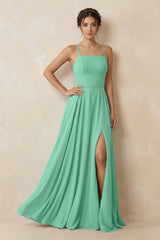 A - Line Chiffon Bridesmaid Dress With Slit in Turquoise - KISS BRIDAL Bridesmaid Dresses