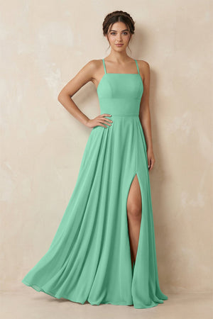 A - Line Chiffon Bridesmaid Dress With Slit in Turquoise - SHE IS ME Bridesmaid Dresses