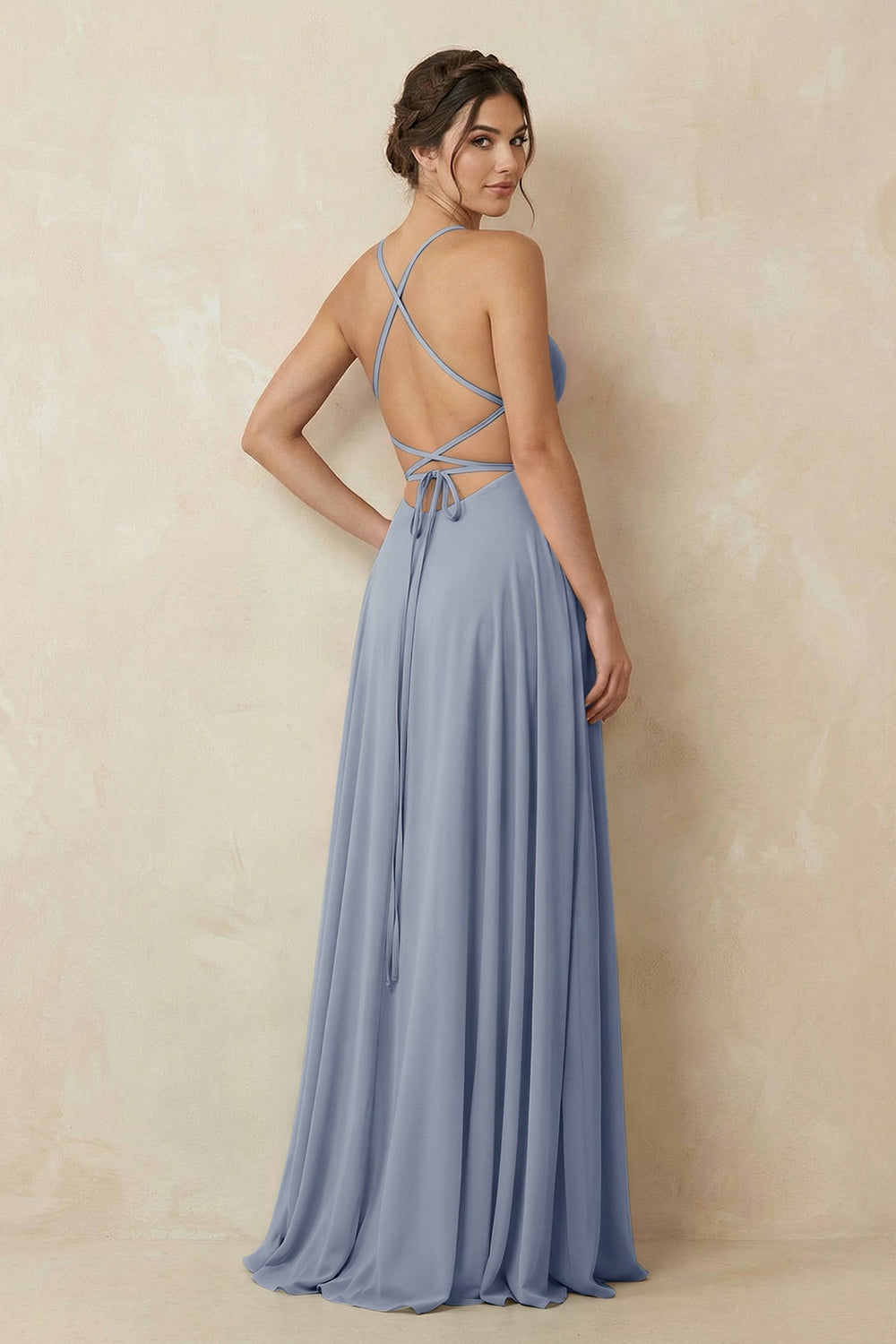 A - Line Chiffon Bridesmaid Dress With Slit in Twilight - KISS BRIDAL Bridesmaid Dresses