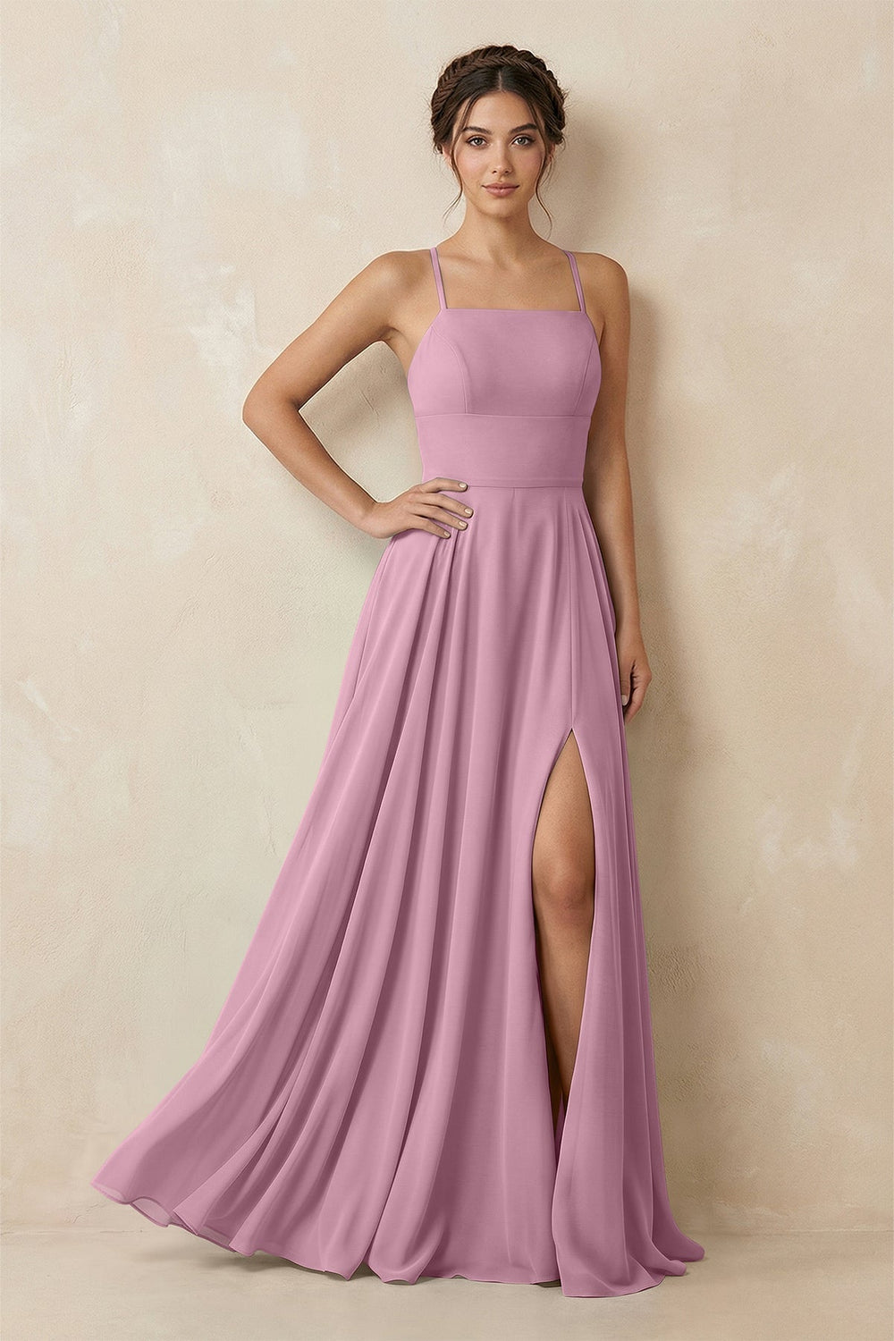 A - Line Chiffon Bridesmaid Dress With Slit in Vintage Mauve - KISS BRIDAL Bridesmaid Dresses