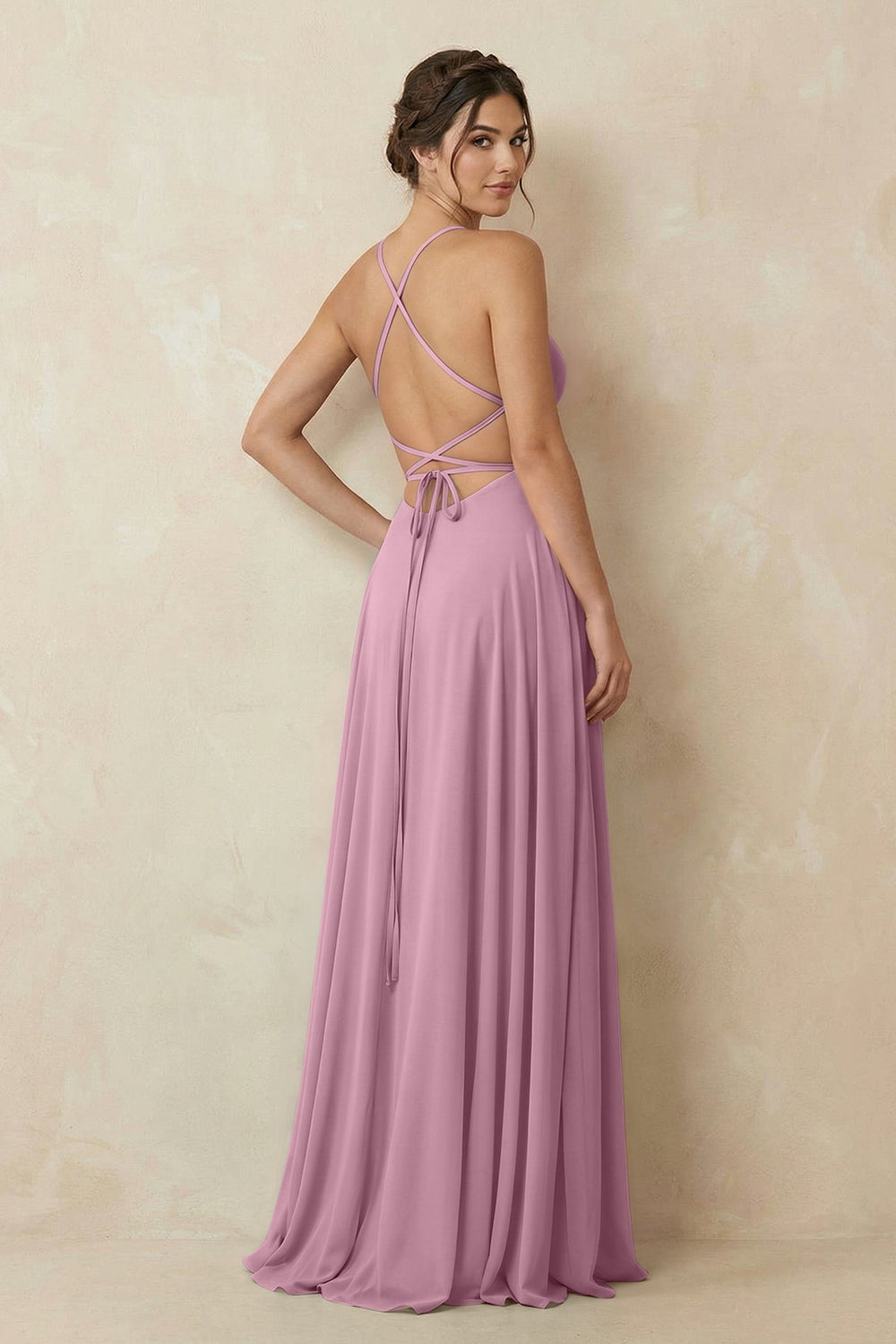 A - Line Chiffon Bridesmaid Dress With Slit in Vintage Mauve - KISS BRIDAL Bridesmaid Dresses