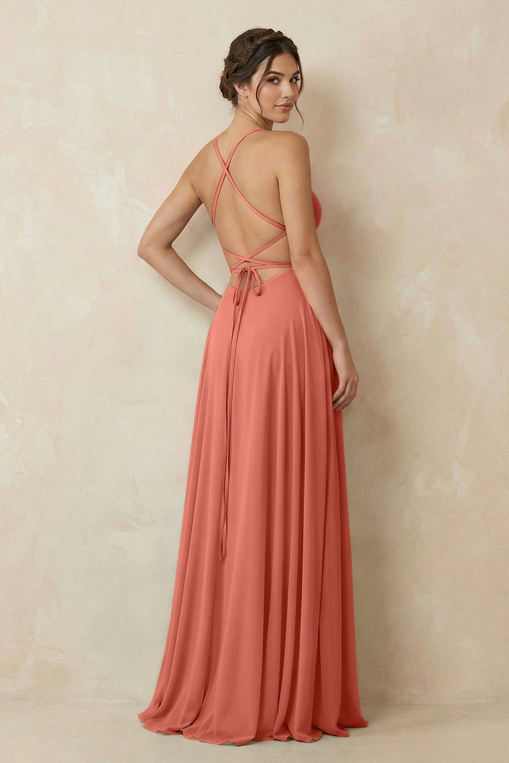 A - Line Chiffon Bridesmaid Dress With Slit in Wild Rose - KISS BRIDAL Bridesmaid Dresses