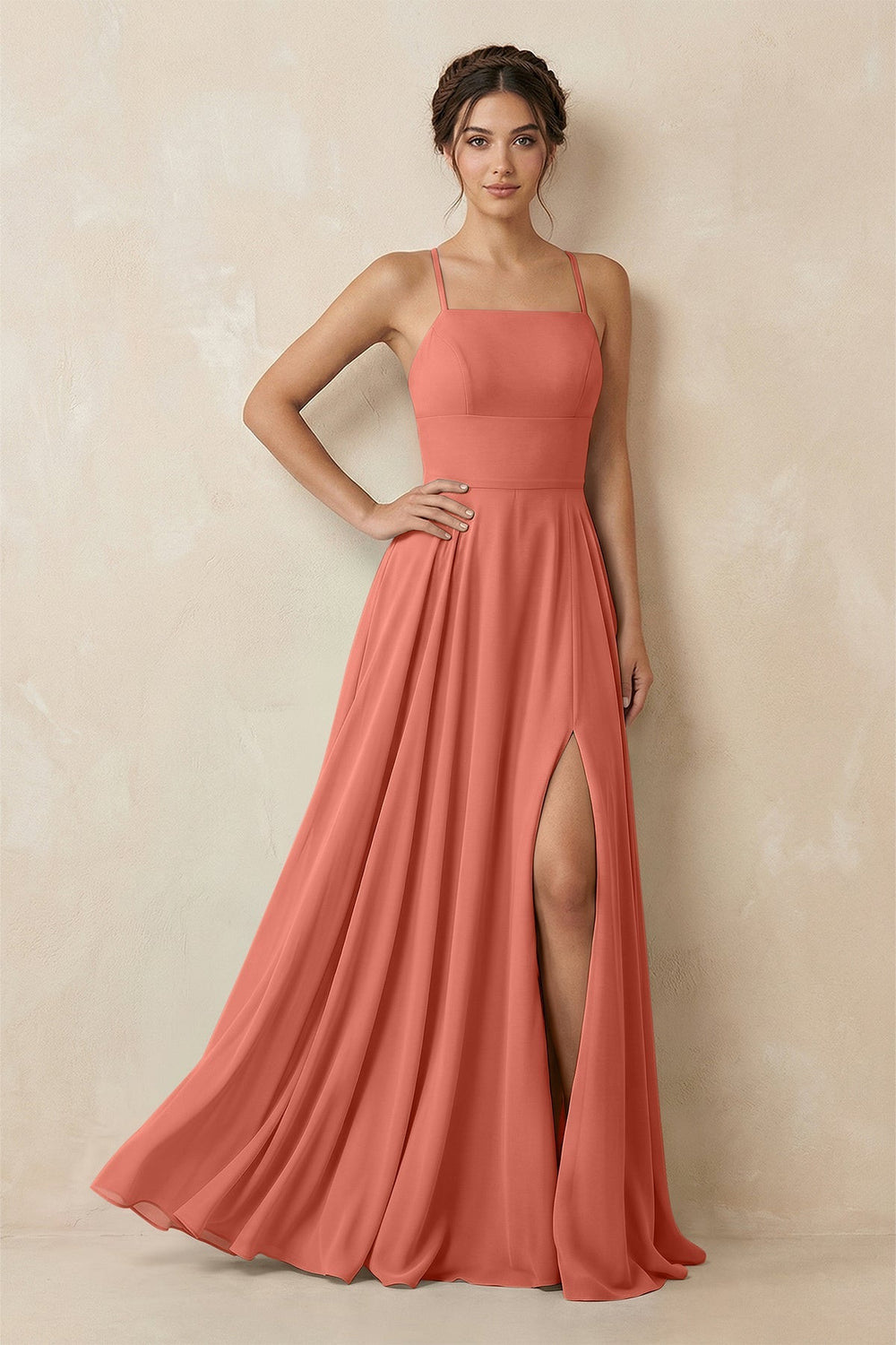 A - Line Chiffon Bridesmaid Dress With Slit in Wild Rose - KISS BRIDAL Bridesmaid Dresses