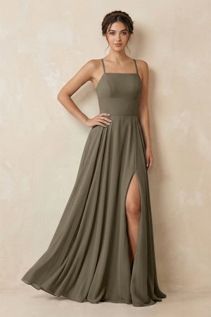 A - Line Chiffon Bridesmaid Dress With Slit in Willow Green - SHE IS ME Bridesmaid Dresses